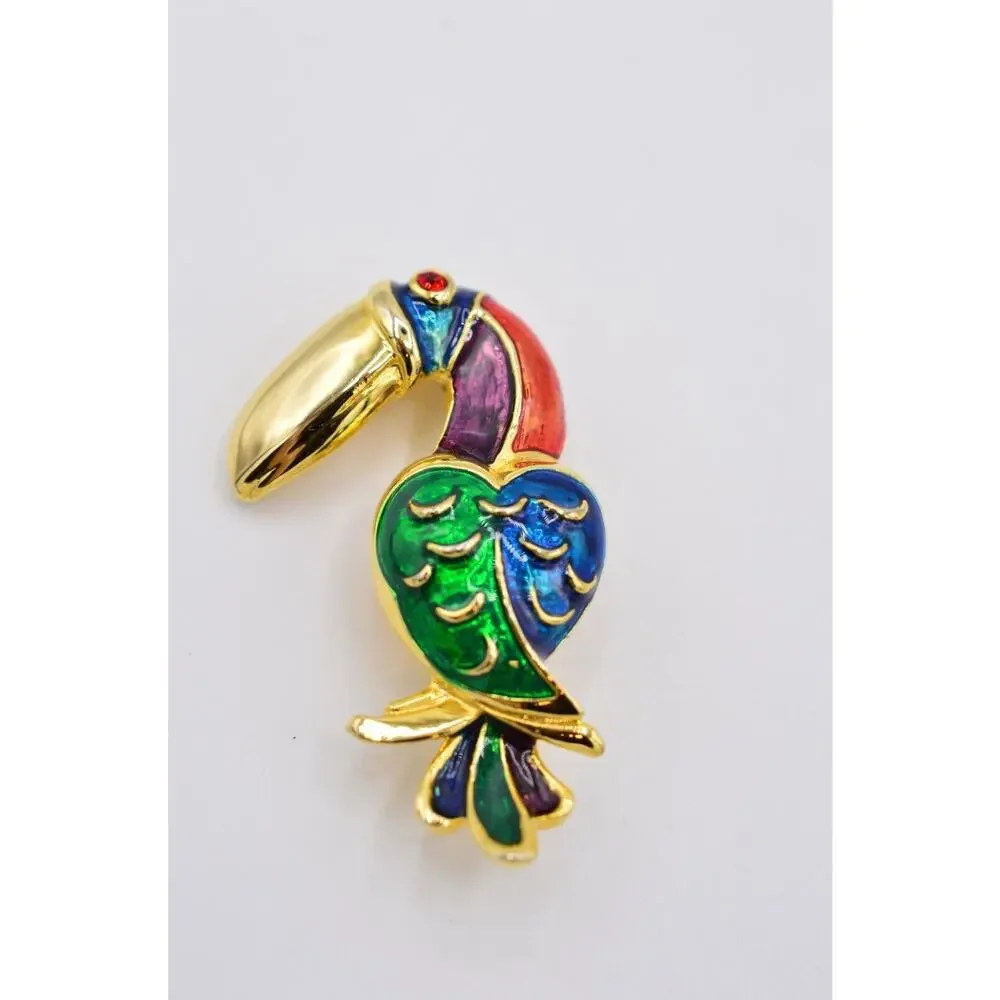Vintage Toucan Pin Brooch Gold Bird Multi-Color Enamel Red Rhinestone 1980s 9B